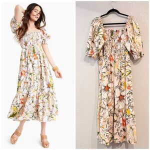 INC International Concepts Smocked Midi Dress Puff Sleeve Floral Print Size 1X